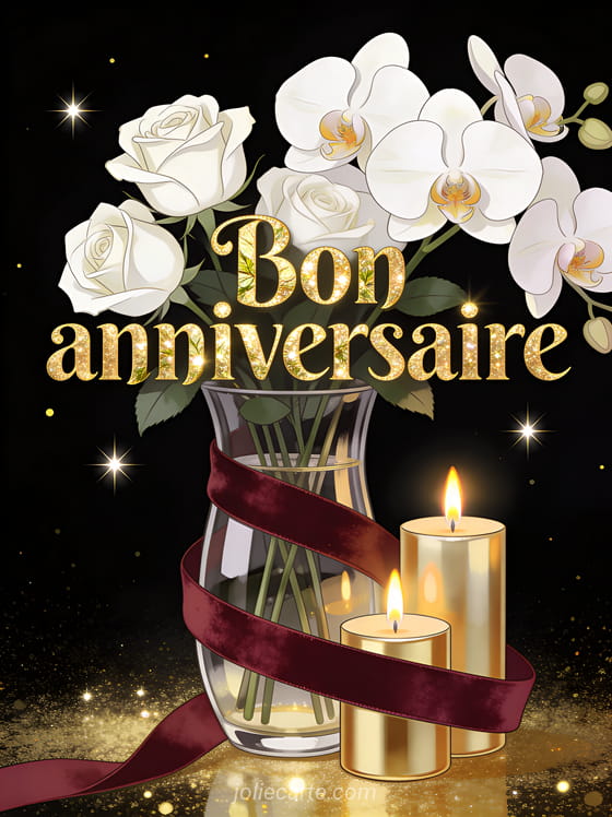 Texte Bon anniversaire en lettres dorées feuille d'or avec roses blanches orchidées bougies dorées et ruban velours bordeaux sur fond noir