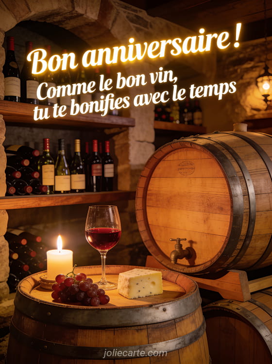 Texte Bon anniversaire Comme le bon vin tu te bonifies dans une cave à vin chaleureuse avec tonneaux bouteilles et verre de vin rouge