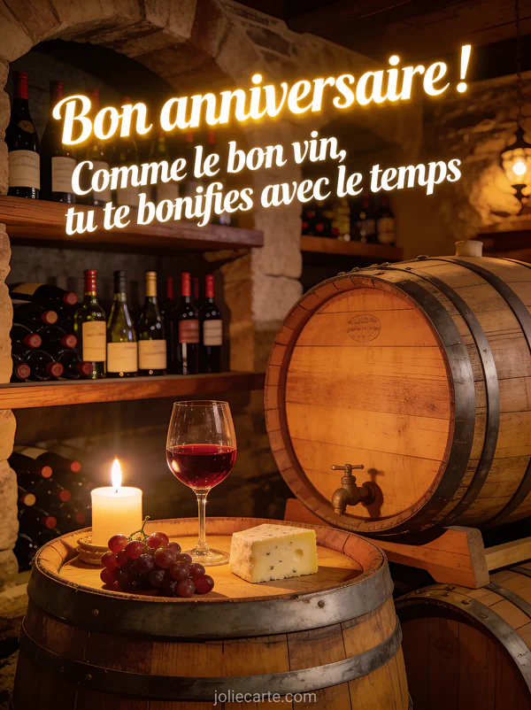 Texte Bon anniversaire Comme le bon vin tu te bonifies dans une cave Ă vin chaleureuse avec tonneaux bouteilles et verre de vin rouge