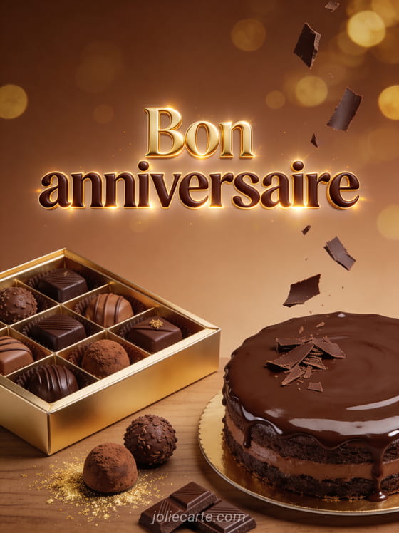 Texte Bon anniversaire en lettres chocolat et dorées avec chocolats fins dans boîte dorée truffes et gâteau au chocolat glacé sur fond brun