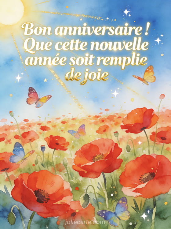 Texte Bon anniversaire Que cette nouvelle année soit remplie de joie dans un champ de coquelicots sous ciel bleu avec papillons et étoiles