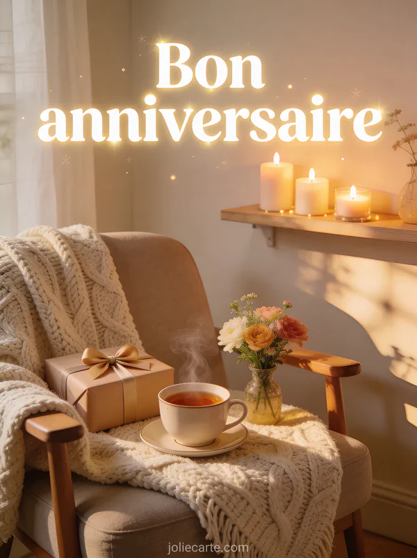 Texte Bon anniversaire avec scène cosy plaid tricoté sur fauteuil tasse de thé fumante fleurs fraîches cadeau emballé et bougies allumées