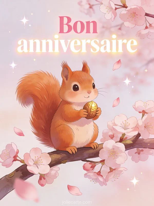 Texte Bon anniversaire en lettres roses et blanches avec écureuil roux tenant une noisette dorée sur branche de cerisier en fleurs et pétales