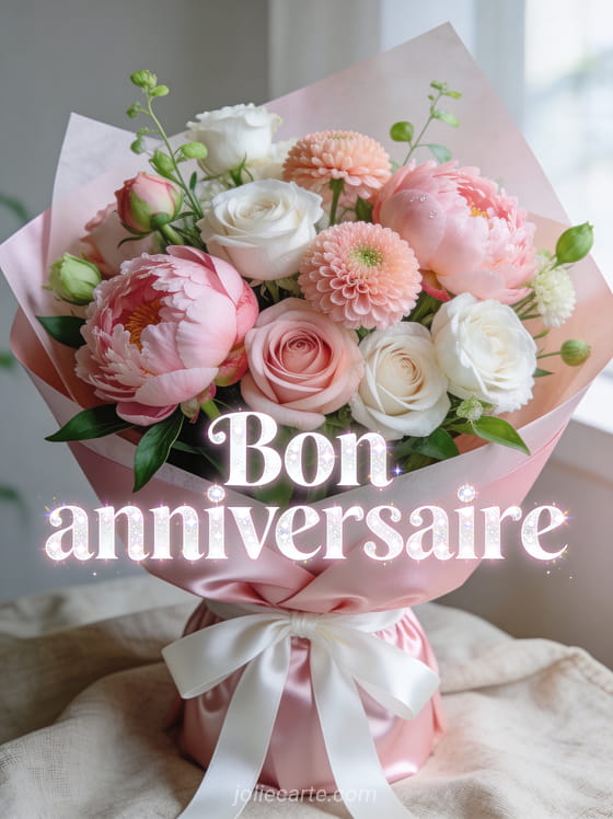 Texte Bon anniversaire en lettres blanches et roses avec bouquet rond de pivoines roses roses blanches et renoncules enveloppé de papier de soie