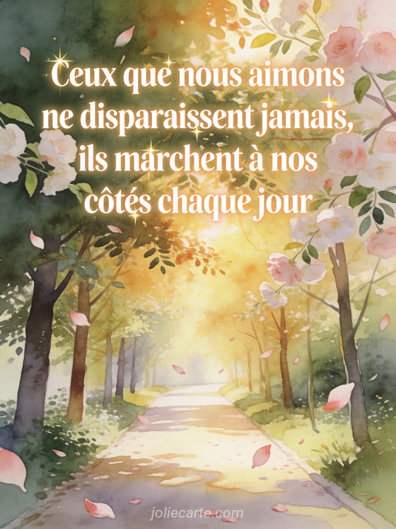 Allée bordée d'arbres en fleurs aux pétales roses avec lumière dorée et le texte Ceux que nous aimons ne disparaissent jamais