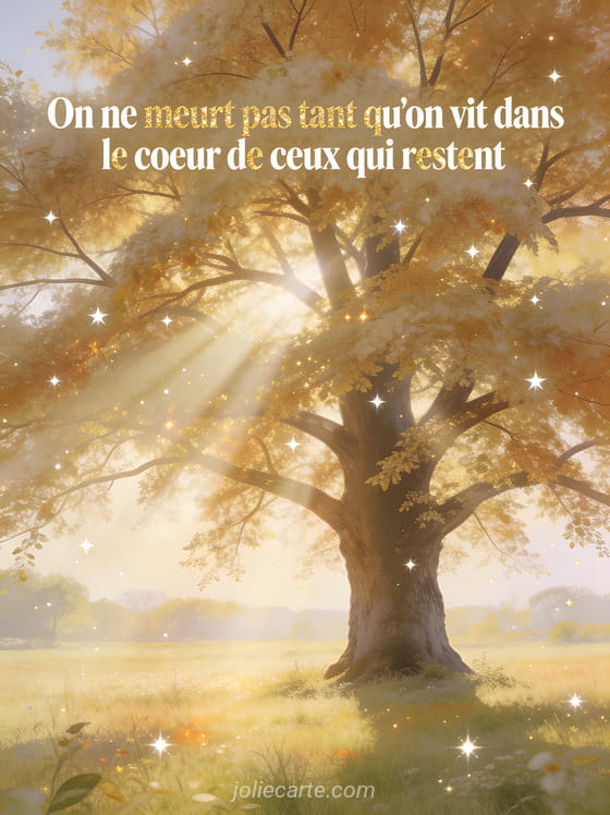 Grand arbre majestueux au feuillage doré dans une prairie baignée de lumière chaude avec le texte On ne meurt pas tant qu'on vit dans le coeur