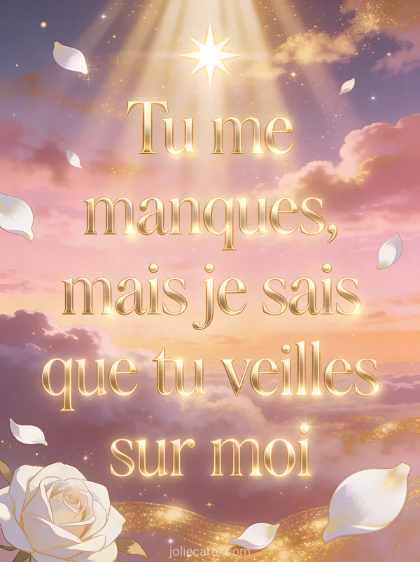 Ciel crépusculaire rose et or avec une étoile brillante et des pétales de roses blanches flottant dans la lumière dorée