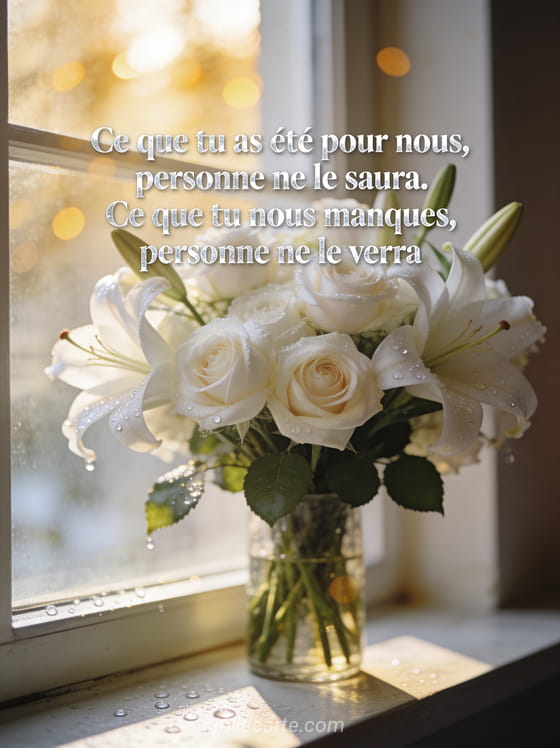 Bouquet de roses blanches et de lys sur un rebord de fenêtre avec lumière du matin et gouttes de rosée scintillantes