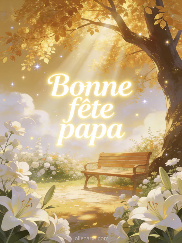 Jardin céleste baigné de lumière dorée avec des lys blancs un banc en bois sous un arbre aux feuilles dorées et le texte Bonne fête papa