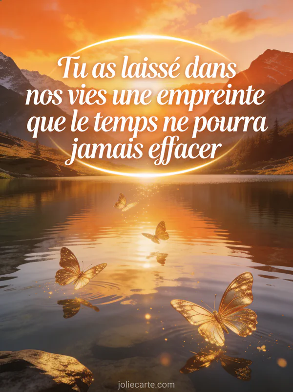 Paysage de montagne au coucher du soleil avec un lac calme des reflets dorés et des papillons dorés s'envolant vers la lumière