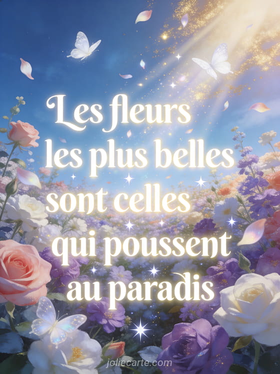 Somptueux parterre de fleurs célestes roses violettes et blanches avec des pétales lumineux s'envolant vers un ciel bleu doré et des papillons blancs