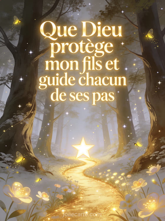 Chemin de lumière dorée dans une forêt enchantée avec des lucioles et une grande étoile brillante au bout du sentier