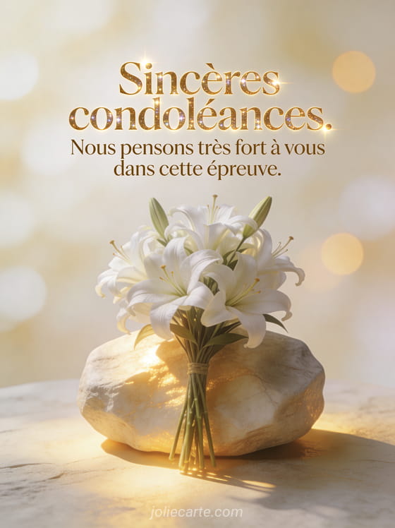 Bouquet de lys blancs posé sur une pierre claire baignée de lumière dorée avec un fond crème et ivoire en bokeh