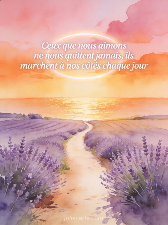 Chemin de campagne bordé de lavande menant vers un horizon doré au coucher de soleil avec un ciel rose et orangé