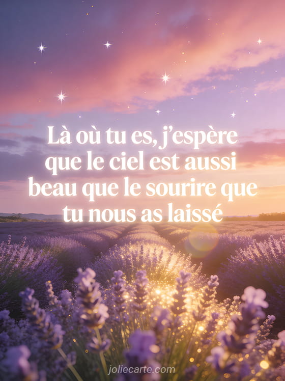 Ciel crépusculaire rose violet et or avec un champ de lavande baigné de lumière dorée et des étoiles naissantes