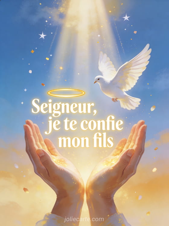 Mains ouvertes en prière baignées de lumière dorée céleste avec une colombe blanche aux ailes déployées et des rayons de lumière divine
