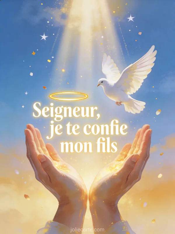 Mains ouvertes en prière baignées de lumière dorée céleste avec une colombe blanche aux ailes déployées et des rayons de lumière divine