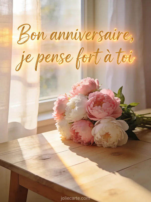 Bouquet de pivoines roses et blanches sur une table en bois clair près d'une fenêtre avec lumière dorée du matin