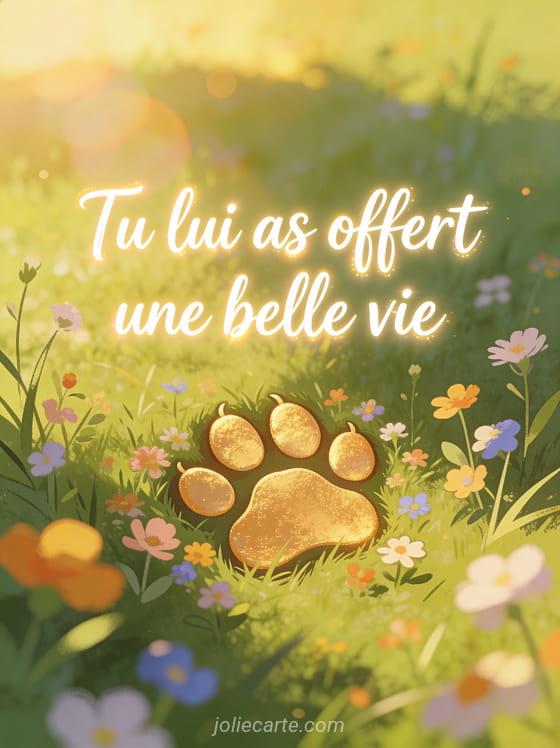 Empreinte de patte dorée entourée de petites fleurs sauvages colorées sur un fond vert prairie avec lumière de coucher de soleil