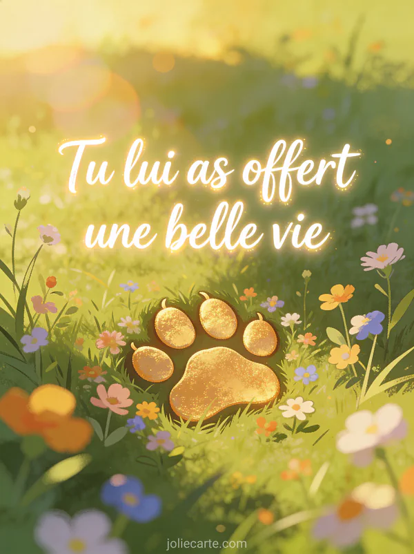 Empreinte de patte dorée entourée de petites fleurs sauvages colorées sur un fond vert prairie avec lumière de coucher de soleil