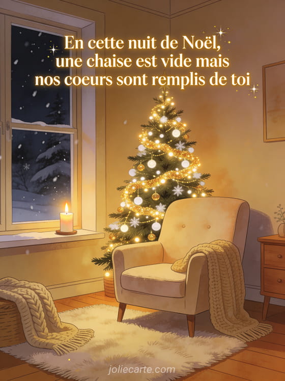 Sapin de Noël illuminé de guirlandes dorées et blanches dans un intérieur cosy avec une bougie allumée et de la neige dehors