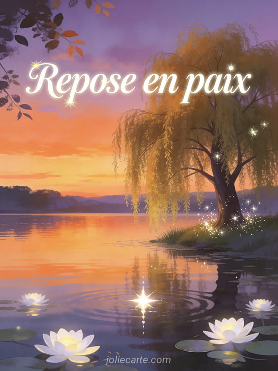 Lac paisible au crépuscule avec un saule pleureur aux feuilles dorées des nénuphars blancs lumineux et des lucioles scintillantes