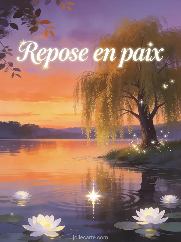 Lac paisible au crépuscule avec un saule pleureur aux feuilles dorées des nénuphars blancs lumineux et des lucioles scintillantes