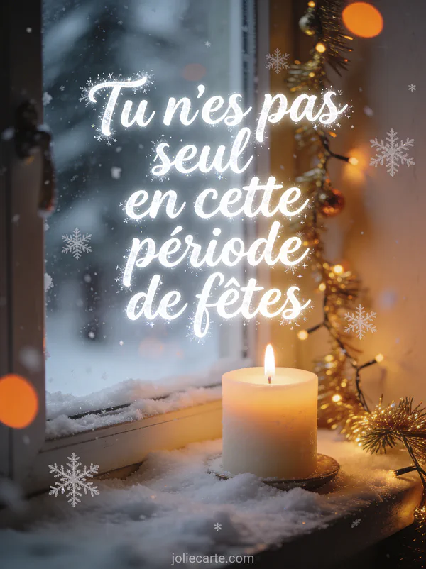 Bougie allumée sur un rebord de fenêtre enneigé avec des guirlandes de Noël dorées et des flocons de neige doux