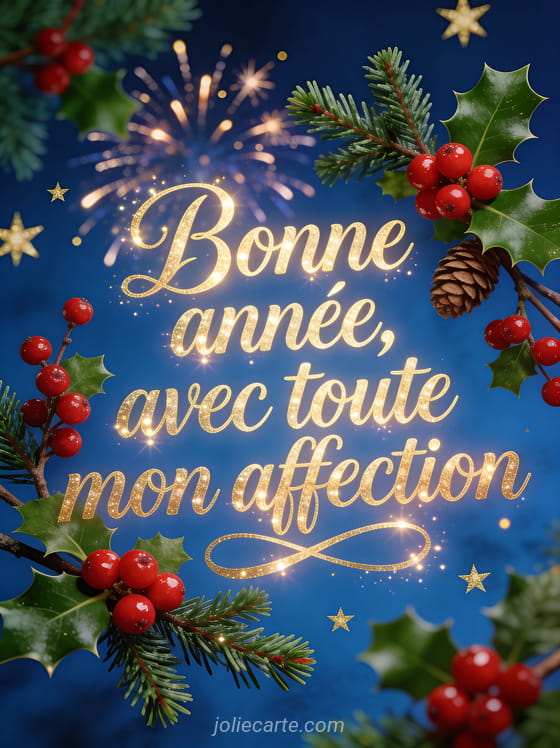 Branches de gui et de houx avec des baies rouges sur fond bleu nuit avec des étoiles dorées et un feu d'artifice discret