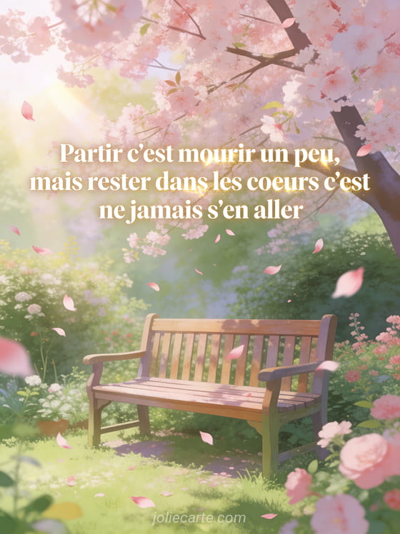Jardin au printemps avec un banc en bois sous un cerisier en fleurs des pétales roses volant dans une brise douce et lumière dorée