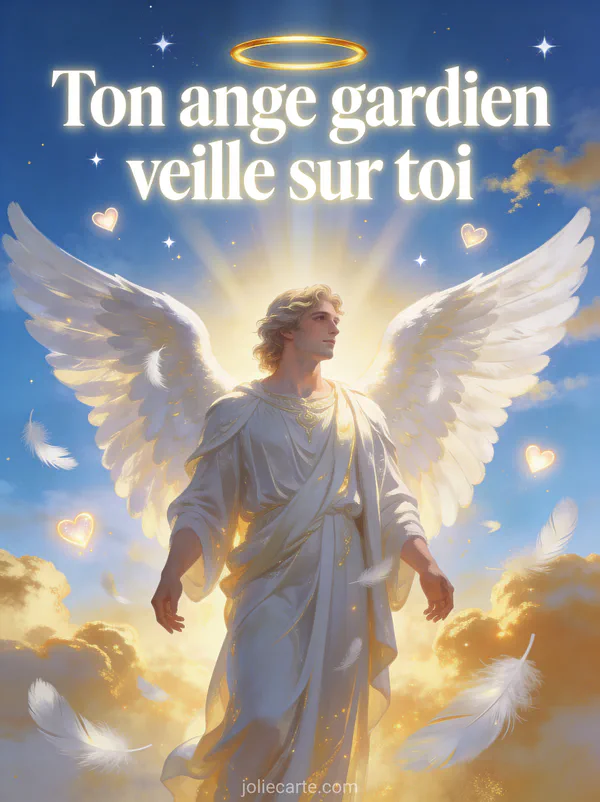 Majestueux ange aux grandes ailes blanches déployées dans une lumière divine dorée avec des plumes blanches et des coeurs lumineux