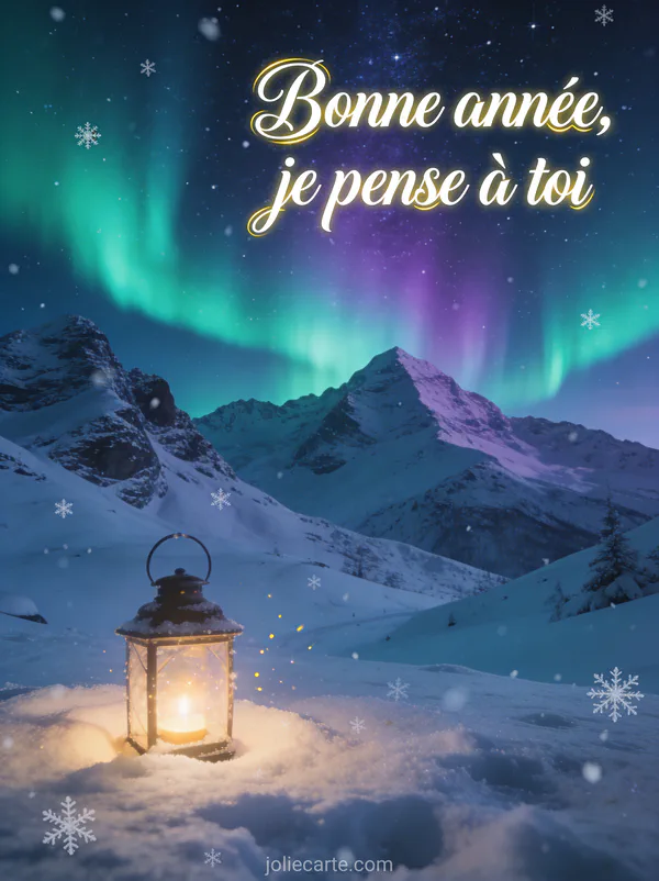Paysage de montagne enneigée sous un ciel étoilé avec une aurore boréale verte et violette et une petite lanterne allumée dans la neige