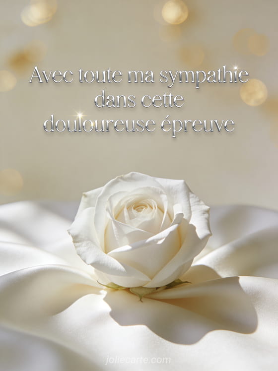 Rose blanche posée sur un tissu de soie ivoire avec pétales délicats éclairés par une lumière naturelle douce et bokeh doré