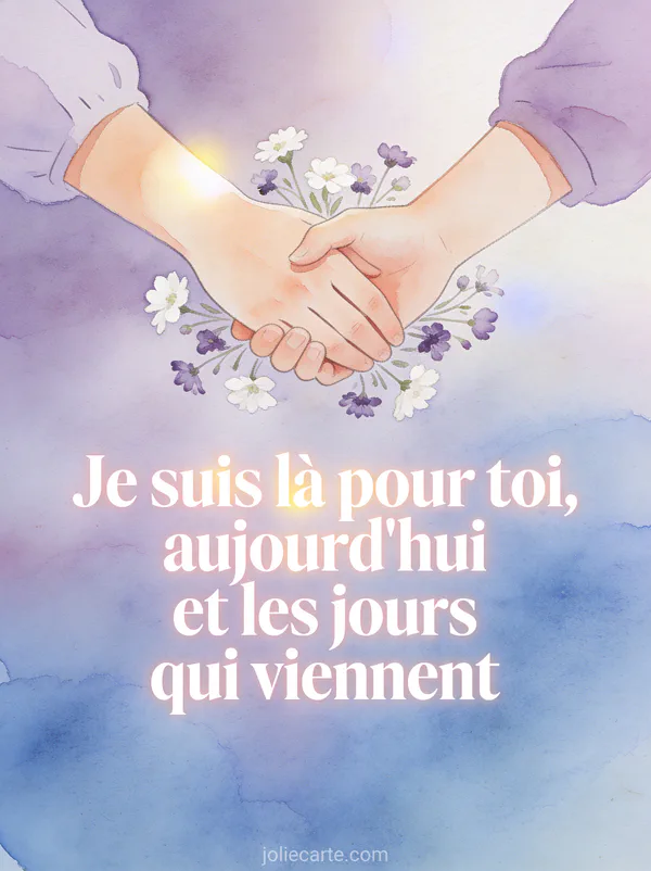 Deux mains jointes en illustration délicate entourées de petites fleurs sauvages blanches et mauves sur fond aquarelle lavande