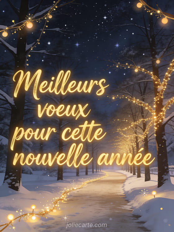 Chemin bordé d'arbres illuminés par des guirlandes dorées sous un ciel étoilé avec neige fraîche et lumières scintillantes