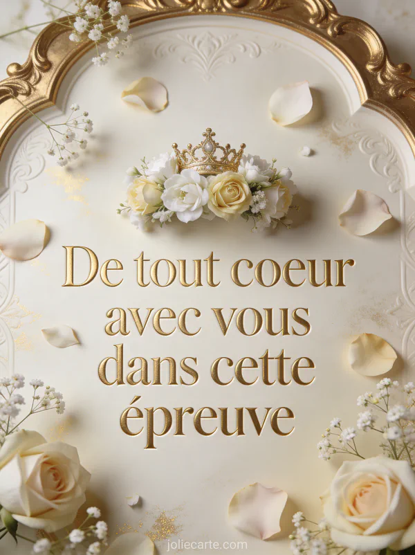 Couronne de fleurs blanches et crème avec pétales de rose et gypsophile sur fond ivoire lumineux avec reflets dorés