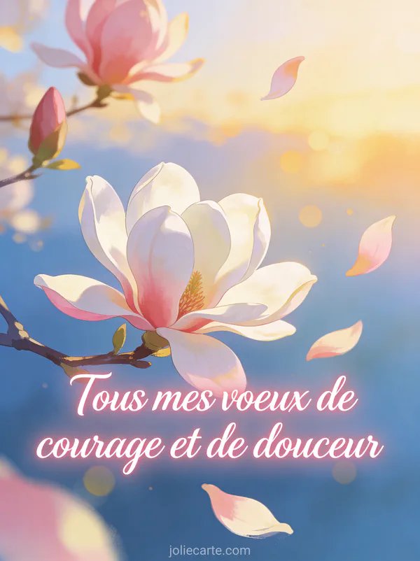 Magnolia en fleurs blanches et roses sur fond de ciel bleu tendre au lever du soleil avec des pétales qui s'envolent dans la lumière dorée