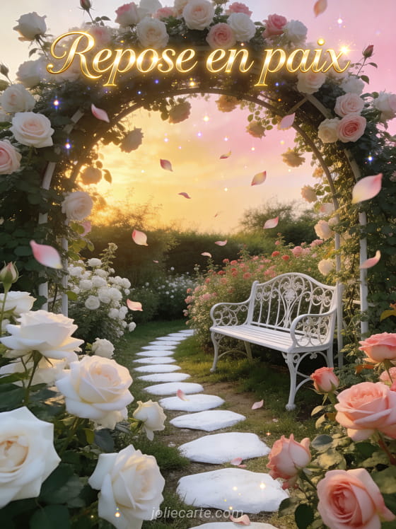 Jardin de roses blanches et roses baigné de lumière dorée avec un sentier de pierres blanches un banc en fer forgé et des pétales s'envolant
