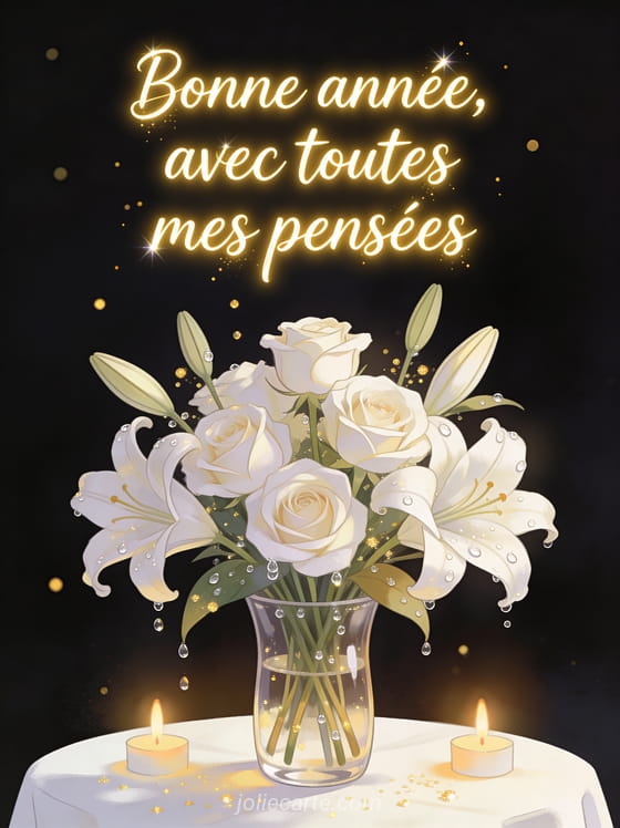Roses blanches et lys dans un vase en verre avec lumière tamisée de bougies et paillettes dorées flottant dans l'air