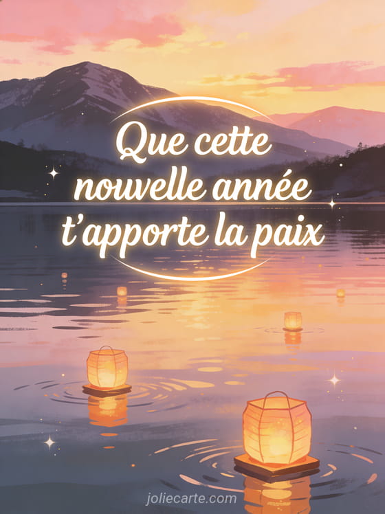 Lac calme au crépuscule avec des lanternes flottantes lumineuses sur l'eau des montagnes en arrière-plan et un ciel rose et doré