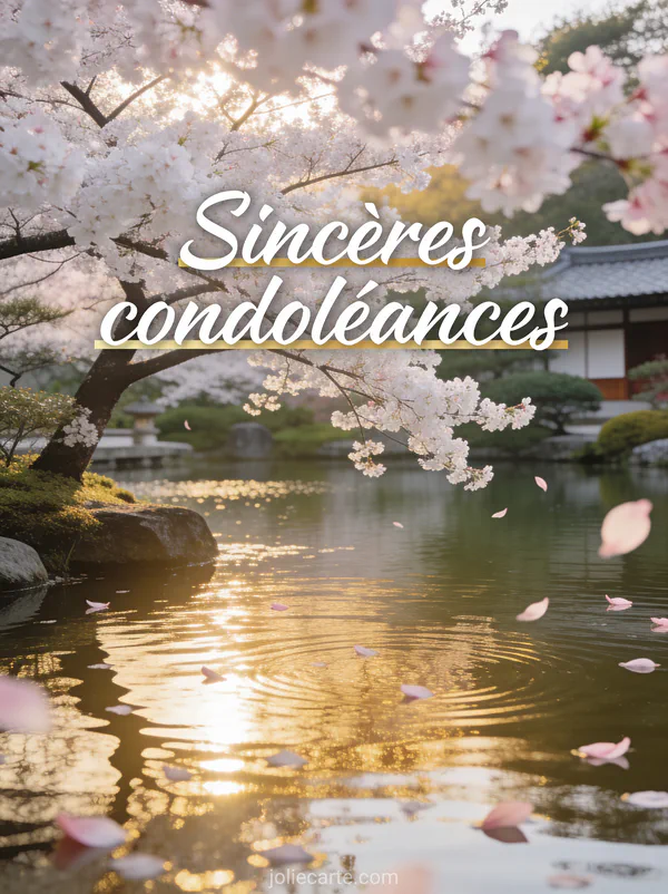 Jardin japonais serein avec un cerisier en fleurs blanches au bord d'un étang calme des pétales flottant et lumière dorée d'après-midi