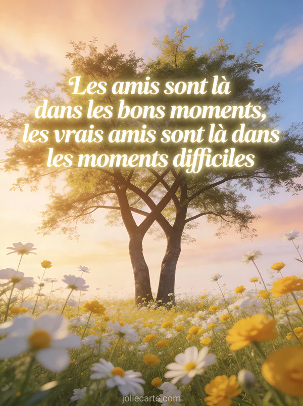 Deux arbres aux branches entrelacées dans un pré fleuri de fleurs sauvages blanches et jaunes avec lumière dorée de golden hour