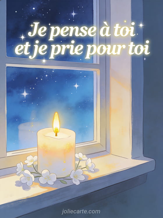 Bougie allumée à la flamme dorée sur un rebord de fenêtre avec un ciel étoilé bleu nuit et des petites fleurs blanches