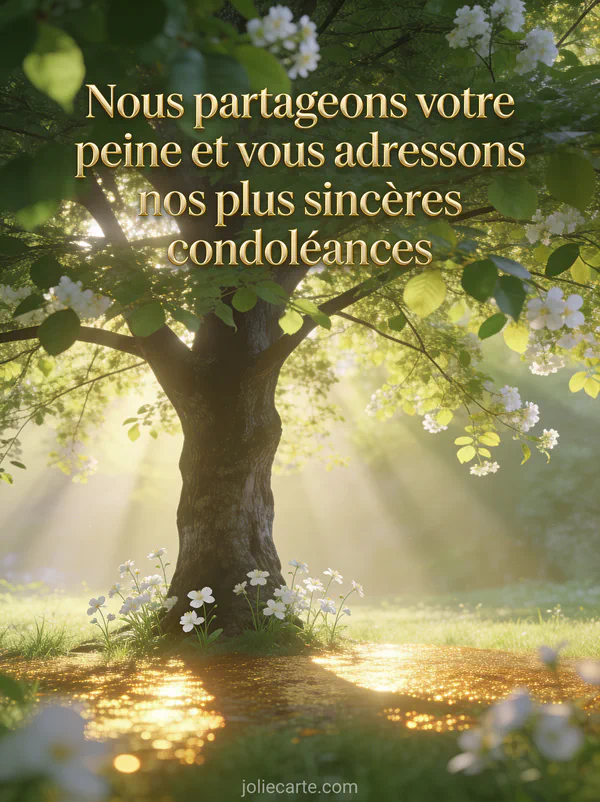 Grand arbre majestueux aux feuilles vert tendre dans une prairie lumineuse avec rayons de soleil filtrant et petites fleurs blanches au pied