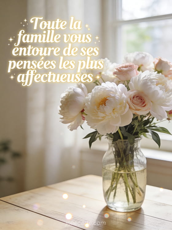 Bouquet de pivoines blanches et roses pâle dans un vase en verre sur une table en bois clair avec lumière naturelle douce d'une fenêtre