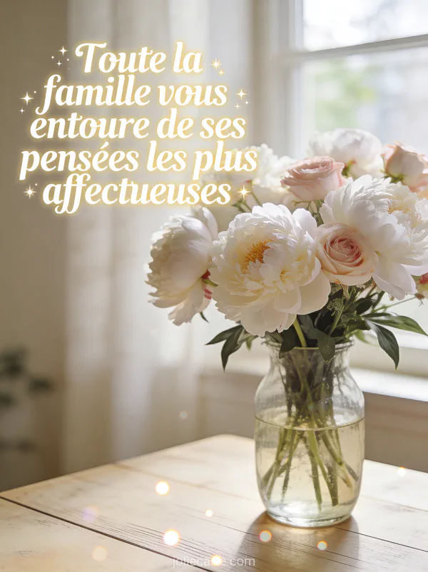 Bouquet de pivoines blanches et roses pâle dans un vase en verre sur une table en bois clair avec lumière naturelle douce d'une fenêtre