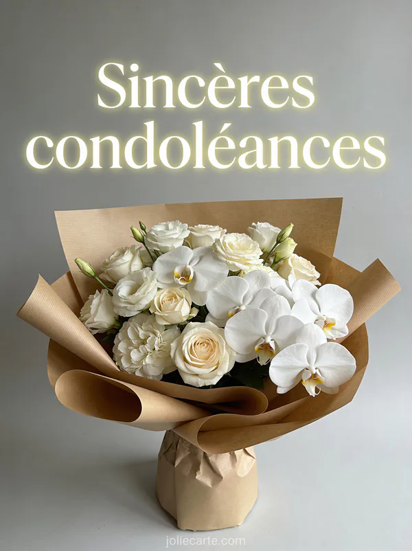 Bouquet de fleurs blanches et crème avec orchidées et roses dans un emballage kraft avec le texte Sincères condoléances