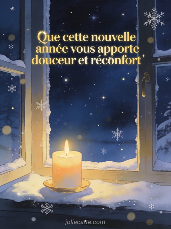 Bougie chaleureuse posée sur une fenêtre enneigée avec ciel étoilé d'hiver et texte doré de bonne année