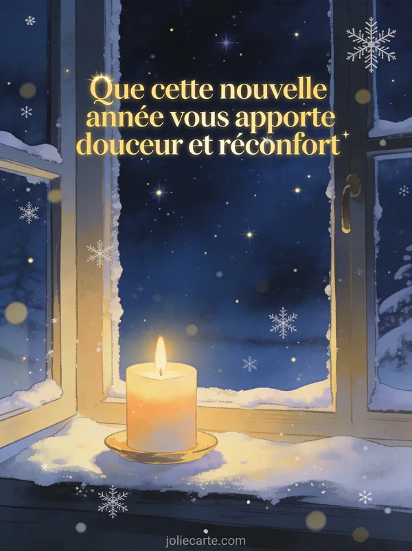 Bougie chaleureuse posée sur une fenêtre enneigée avec ciel étoilé d'hiver et texte doré de bonne année