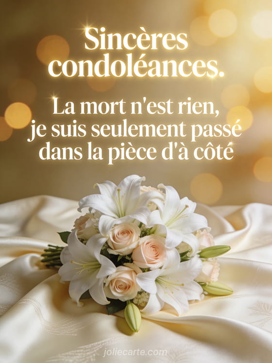 Bouquet de lys blancs et roses pâles posé sur un tissu de soie crème avec lumière dorée douce